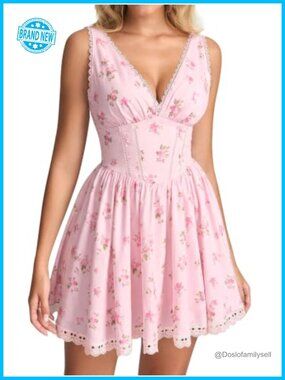 KUTUMAI Womens Floral Corset Mini Dress Lace Up V Neck A Line Summer Graduation